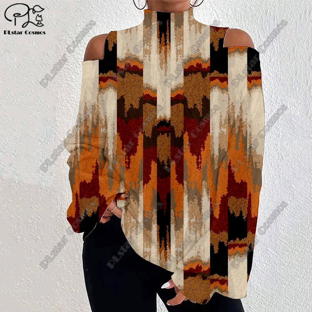 

3D Printed Retro Geometric Plaid Contrast Pattern Women's Lantern Sleeve Off Shoulder Textured Casual Long Sleeve F-1