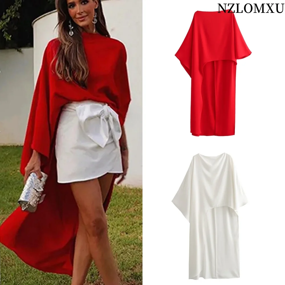 

Spring Women's Asymmetric Cape Style Red Satin Shirt Fashionable Round Neck Women's Casual Long Shirt Holiday Style 2025