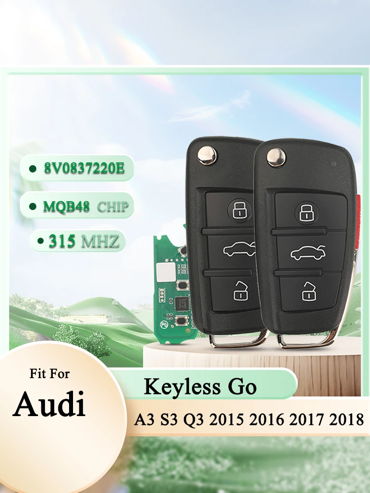 Jingyuqin 8V0837220E Keyless Go MQB48 Megamos AES Chip 315MHz 3/4 Tasten für Audi A3 S3 Q3 2015+ Klappbarer Smart-Funkschlüssel