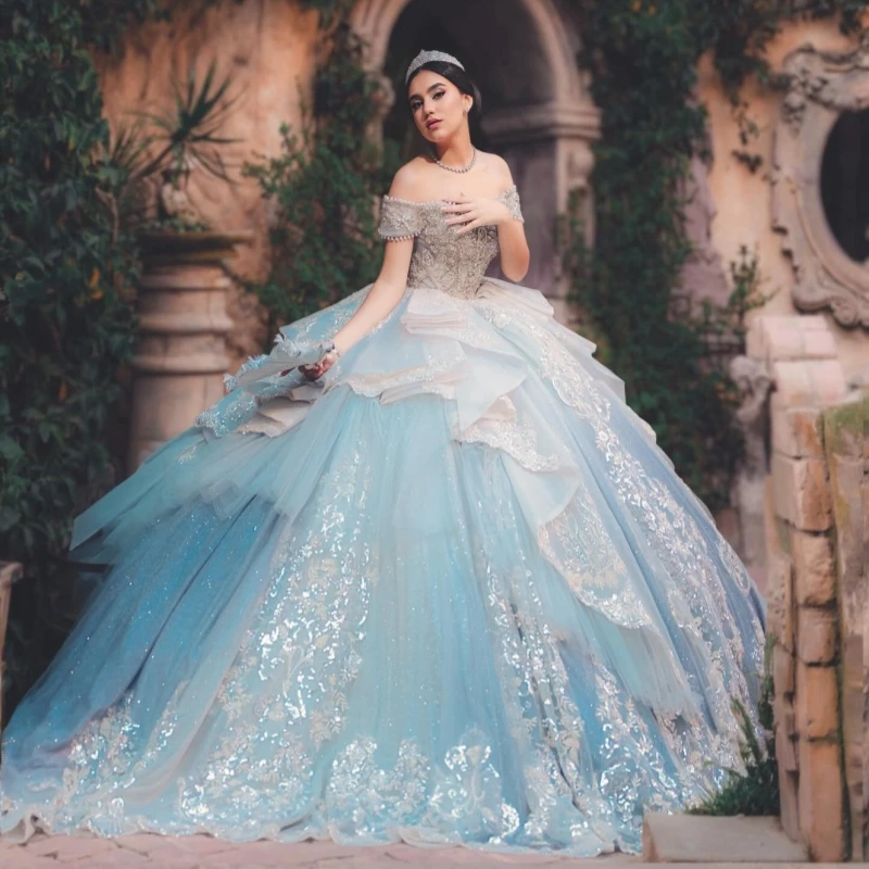 

Морсько-синие блестящие платья Quinceanera с открытыми плечами и блестками, аппликация, кружево, бисер, тюль, вечерние, день рождения, сладкое платье 16, Vestidos 15