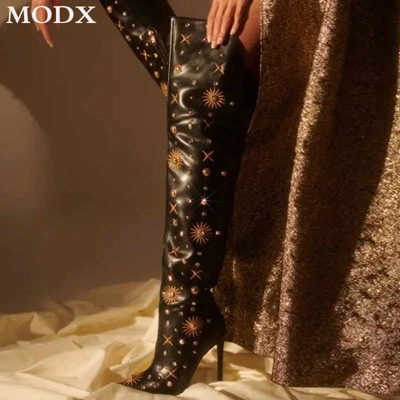 

Luxury Crystal Decoration Thigh-high Boots Sexy Pointed Toe Stiletto Glitter Rhinestones Over the Knee Boots Party Catwalk Shoes