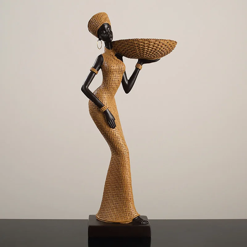 Resin Handicraft Artificial Figure Statue Weave Pattern African Art Lady Female Sculpture Decorative Figurines Room Decoration