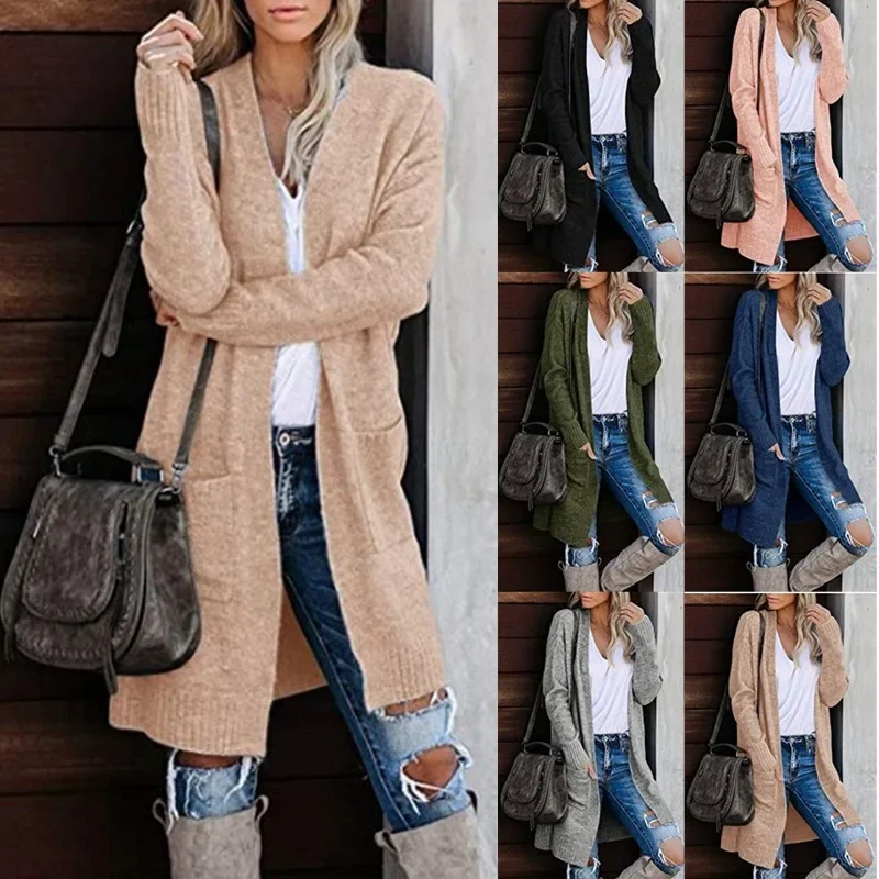 Women's Knitted Cardigan Pocket Long Sleeved Casual Knitted Loose Knitted Sweater Sweater Jacket 2024 Autumn