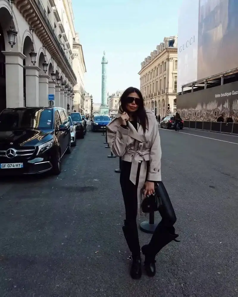 2025 New Women's British Wind Trench Style Double-Breasted Long Sleeve Belt Lapel Jacket Short Coat