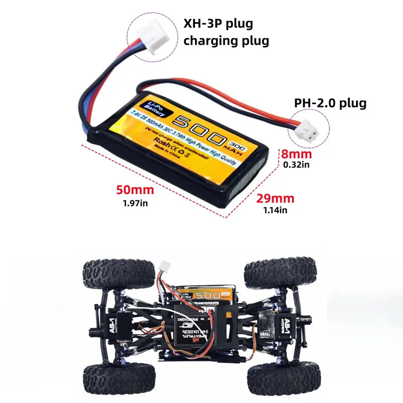 Rcカー用バッテリー,車両プラグ7.4v,500mah,30c,ax24,scx24rc,1:10, 1/16, 1/18, 1/24,比率2個と互換性があります