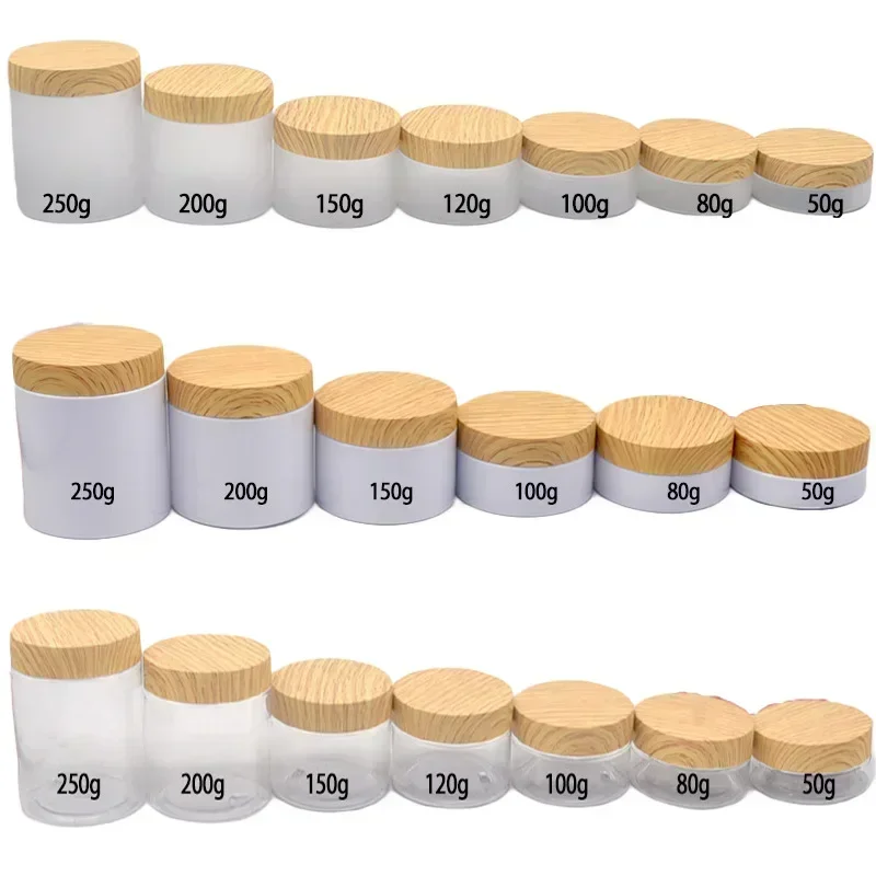 12Pcs/Lot 50/80/100/120/150/200/250g Face Cream Storage Jar Imitation Wood Imitation Grain Lid Cosmetic Bottle Empty Plastic Jar