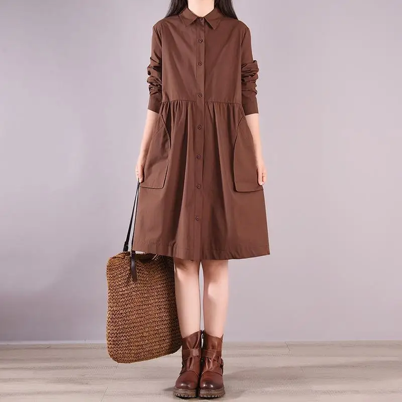 New Pure Cotton A-line Solid Color Single Breasted Pleated Multi Size Mid Length Shirt Dress for Women