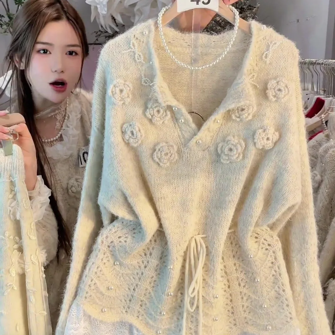 

Ladies' Knitted Sweater Beaded Dstring Flower 3D Embroidery Lazy Sle Large Size French Sle Spring New Arrivals