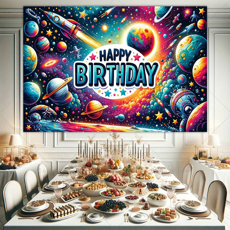 Universe Earth Space Planet Astronaut Backdrop Starry Sky Spacecraft Baby Birthday Party Photography Background Photozone Banner