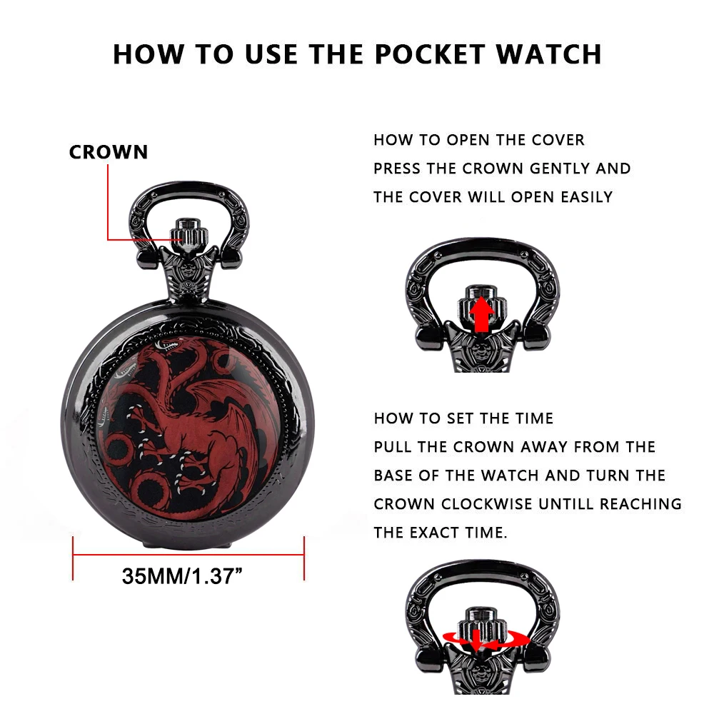 Three-headed Dragon Vintage Quartz Pocket Chain Watch Necklace Watches For Men Women Unique Gifts Mens Pocket Watches