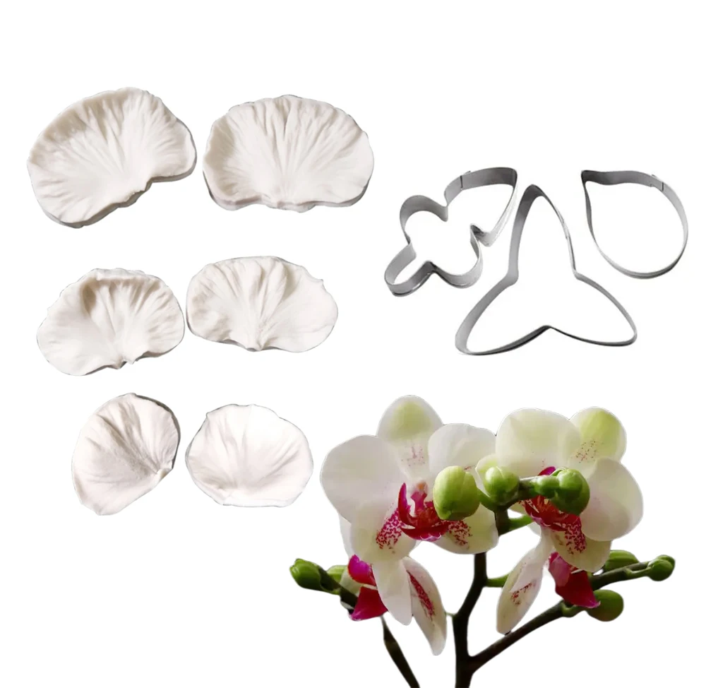 9 SZTUK Phalaenopsis Orchid Petal Veins & Cutters Silicone Moulds Chocolate Sugar Paper Clay Siliconen MallenCake Decorating Tools