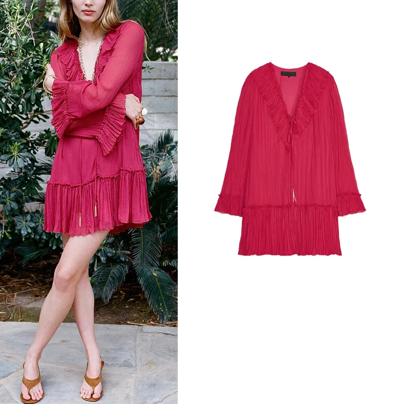 Vestido f de manga crida com decote em V, , com enfeites dous, decorações em camadas, saia psada, elegan...