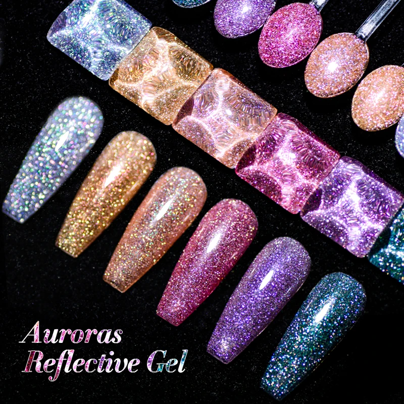 Reflective Glitter Gel Nail Polish Auroras Holographic Gel Semi Permanent Laser Gel Manicure Soak Off UV Gel Nails Art Design