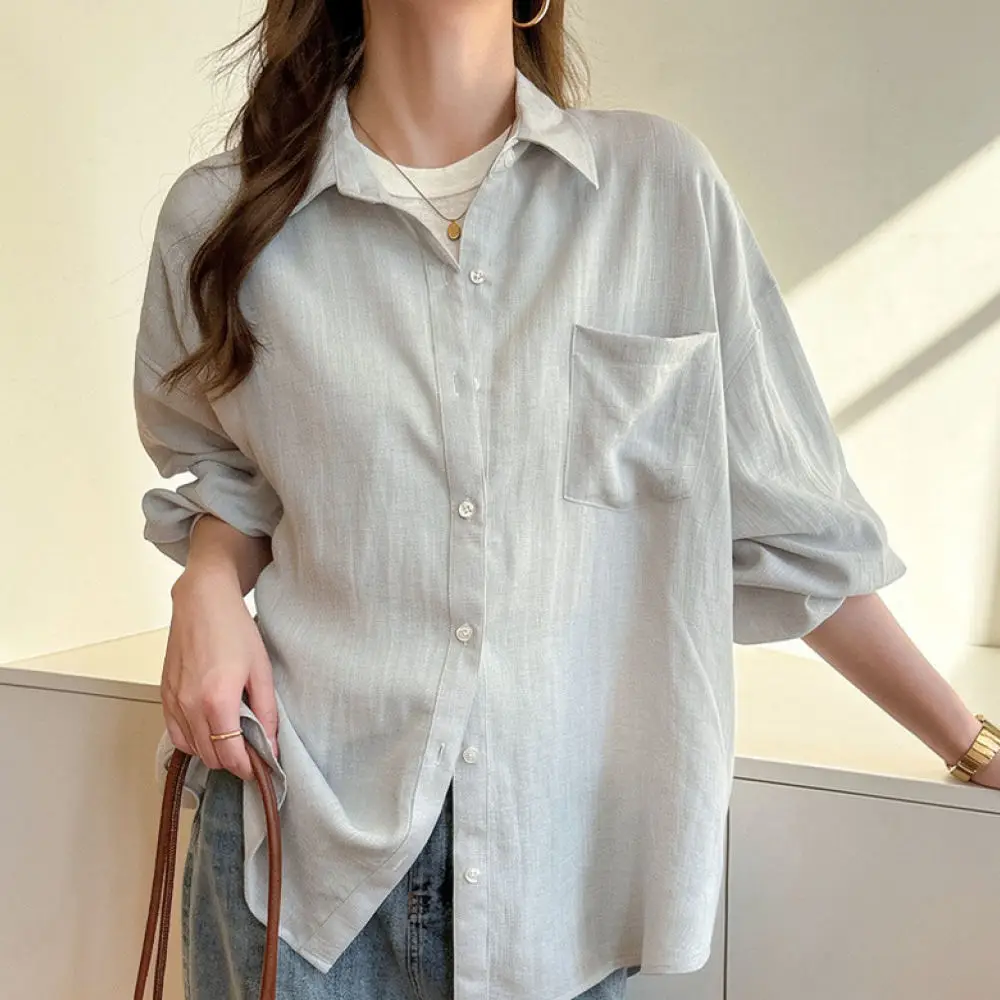 Summer Womens Shirt Linen Blouse Long Sleeve Loose Sunscreen Cardigan Breathable Casual Minimalist Beach Cover Up Top 5