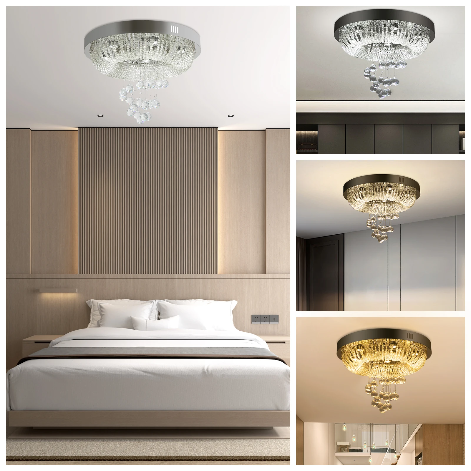 85-265v Crystal Ceiling Light Silver Modern LED Ceiling Lamp 650LM/W Crystal Ceiling Light with 3 Light Colors for Bedrooms Club