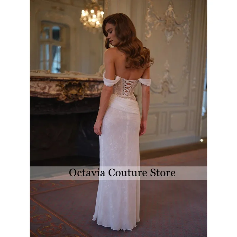 Customized Gorgeous Pleated Lace Mermaid Wedding Dress White Off Shoulder vestidos de novia Floor-length Formal Evening