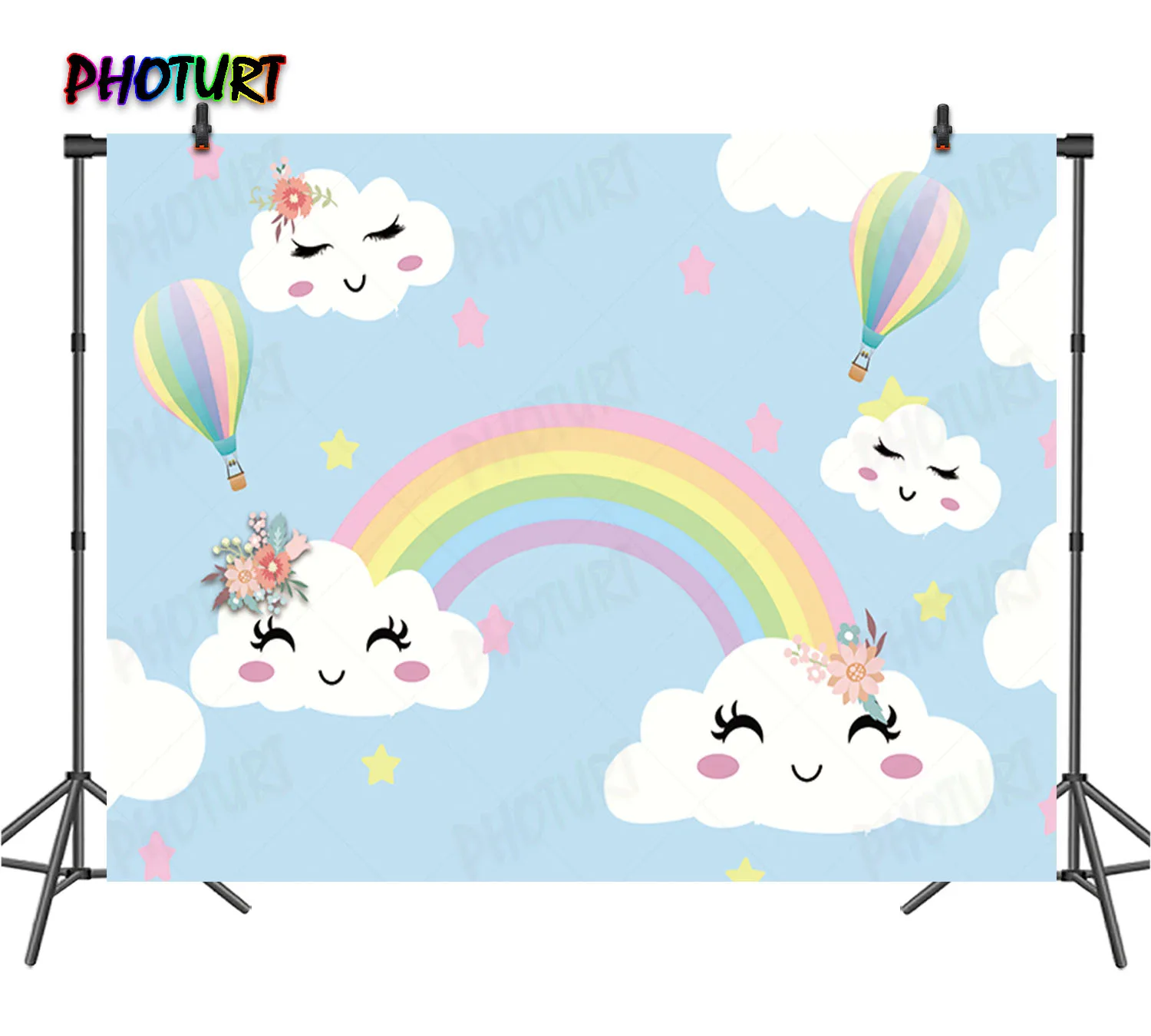 Cute Smiling Lovely Clouds Backdrop Girls Birthday Baby Shower Background Color Rainbow Vinyl Polyester Photography Decor Props