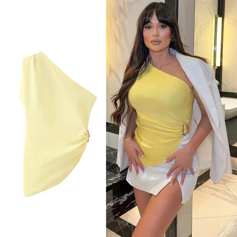 UETEEY Women Fashion Yellow Pleated Bandage Asymmetrical Tops Vintage Backless One Shoulder Female Chic Lady Tops