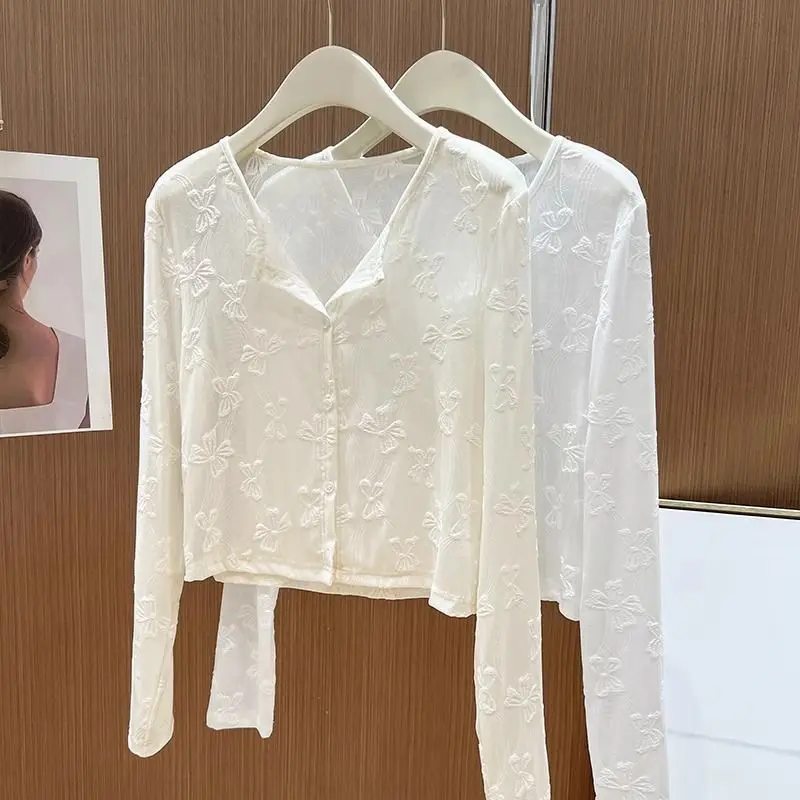 Elegant  Knot Embroidered Lace Sun Protection Open Cardigan Women's Spring Outerwear with Strap Vest Top Thin Mesh S...