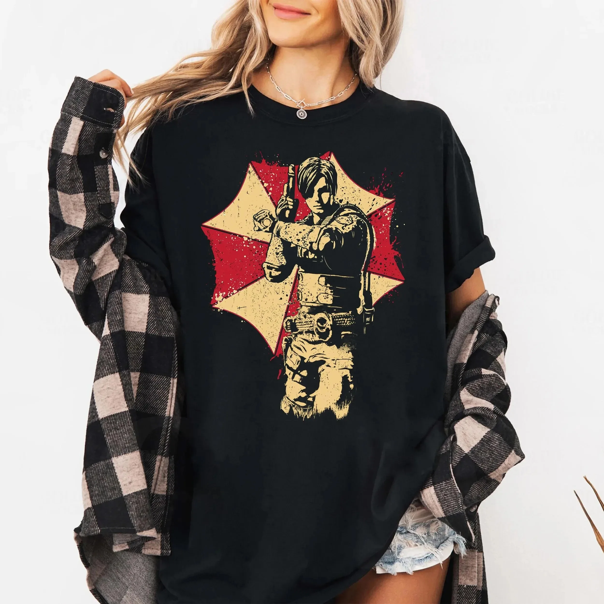 

Футболка унисекс Resident Evil Leon Kennedy, футболка унисекс в стиле ретро с изображением ужасов, черная повседневная футболка с круглым вырезом, унисекс, для мужчин и женщин, всесезонная