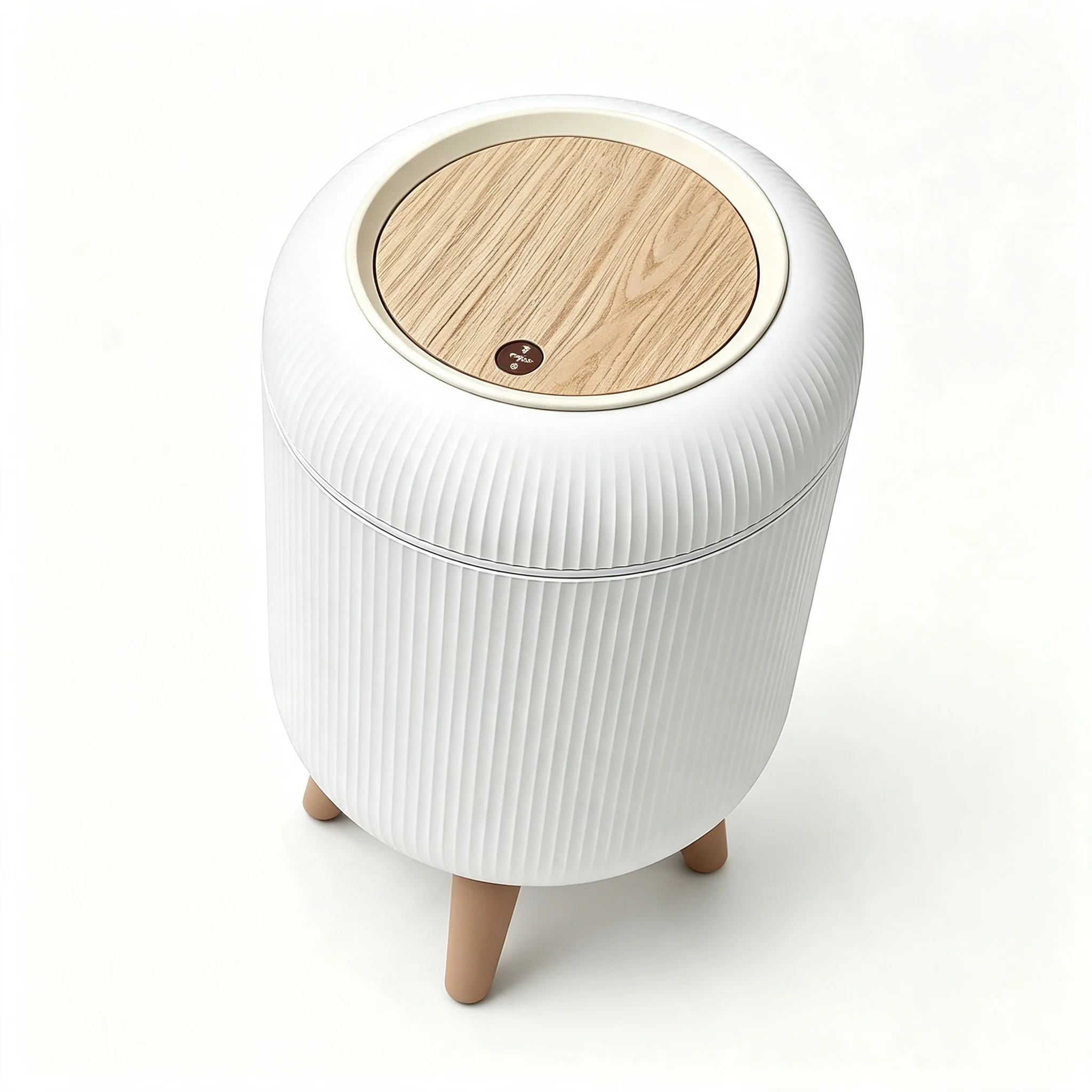 Aesthetic Vertical‑Ribbed Trash Bin, Round Flip‑Top Plastic Waste Can with Elevated 3‑Leg Base, Boho Modern Decorative Garbage Bucket for Home
