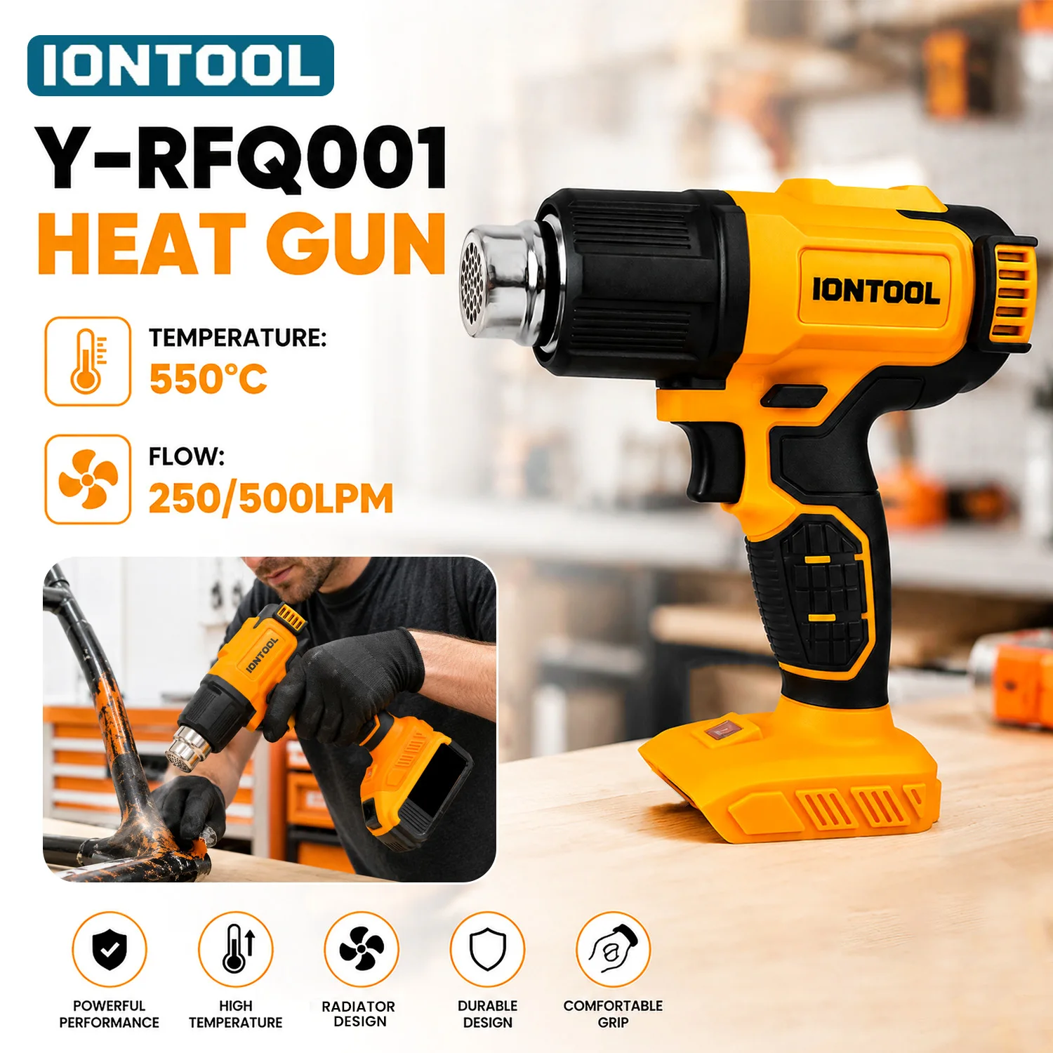 IONTOOL Yellow Cordless Hot Air Gun Max 550℃ 250-500LPM Dual Airflow Bare Unit for Shrink Wrapping and Shrink Tube Processing