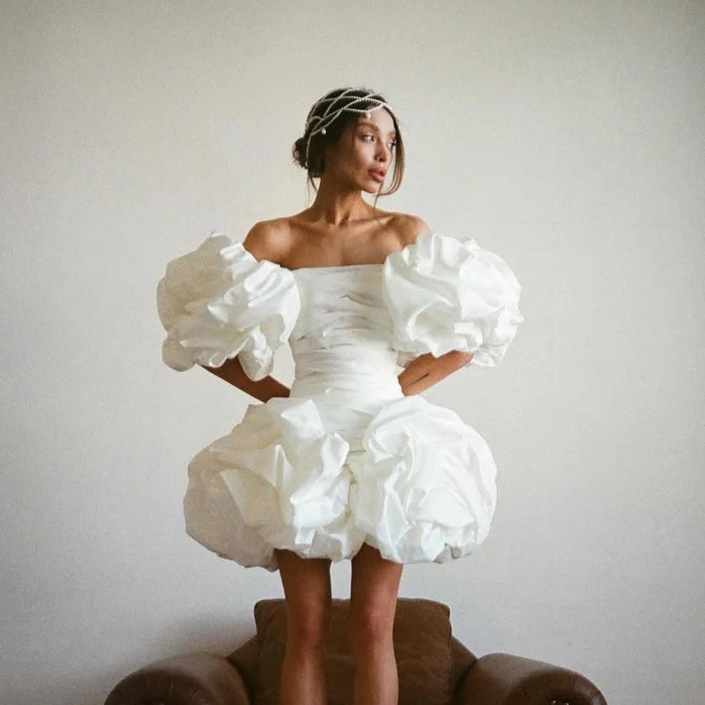 Off Shoulder Puffy Bubble Mini Wedding Dress Ruched Bodice Ruffle Sleeve Short Bridal Gown for Cocktail Party