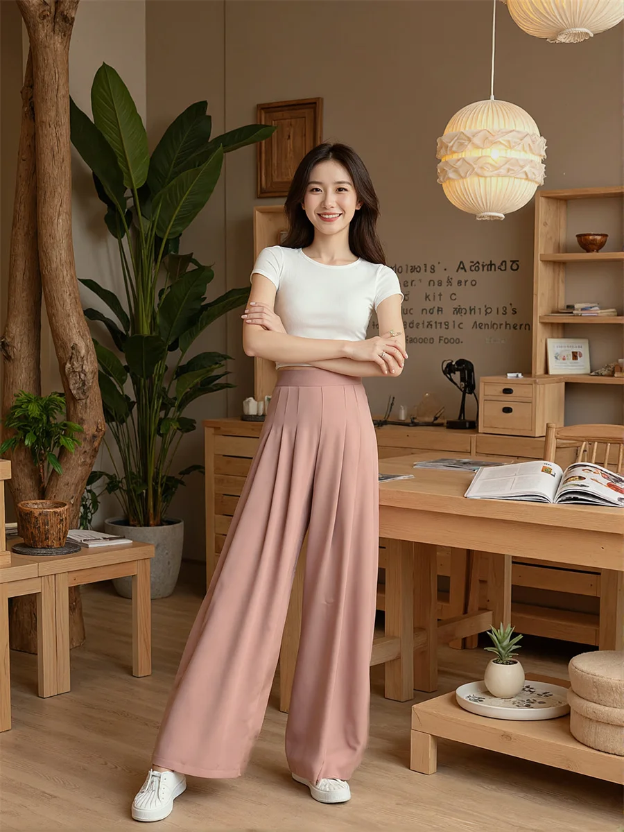 Pants Oversize Woman Apricot Khaki Pink Smooth Fabric Women Sleek Look Elegant Office Lady Work Business Formal High Waist