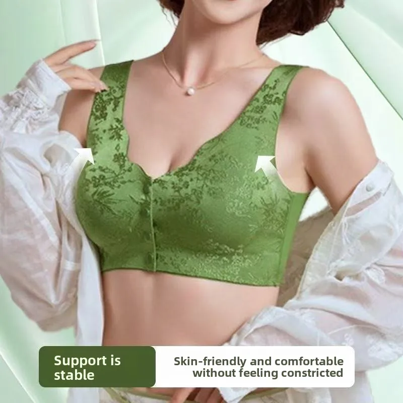 Women Middle-aged Mom Bra, Soft Support Embossed Nylon Underwear, Southeast Asian Plus Size No Wire Front Button Comfort Bra
