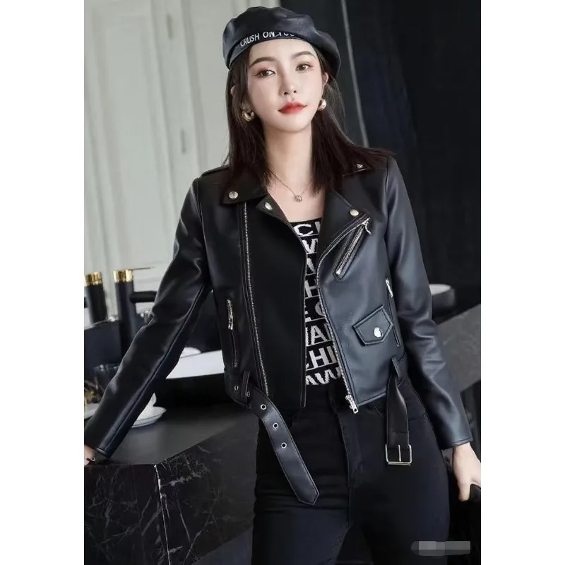 

Женская куртка из искусственной кожи с отложным воротником, на молнии, однотонная, мотоциклетная, с длинными рукавами, верхняя одежда для женщин