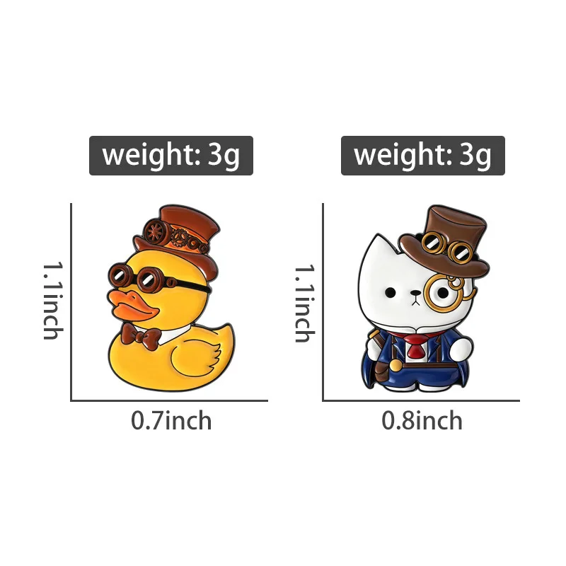 2pcs Cartoon Detective Animal Enamel Brooch Creative Yellow Duck White Cat Lapel Pin Metal Badge Jewelry Gift for Kid Friend