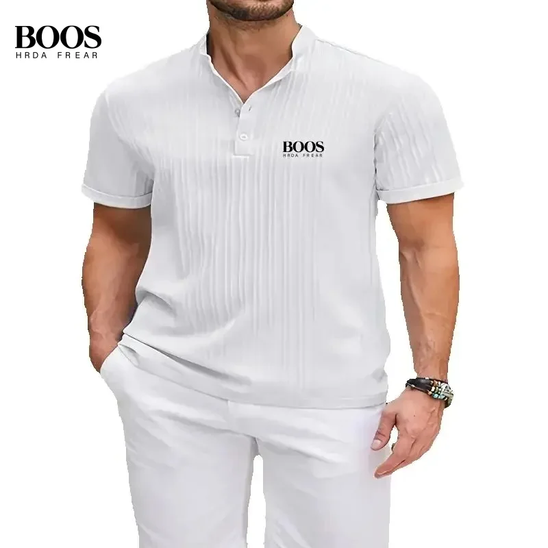 

Summer men's high-quality striped Henry collar polo shirt, new fashionable and casual breathable T-shirt top