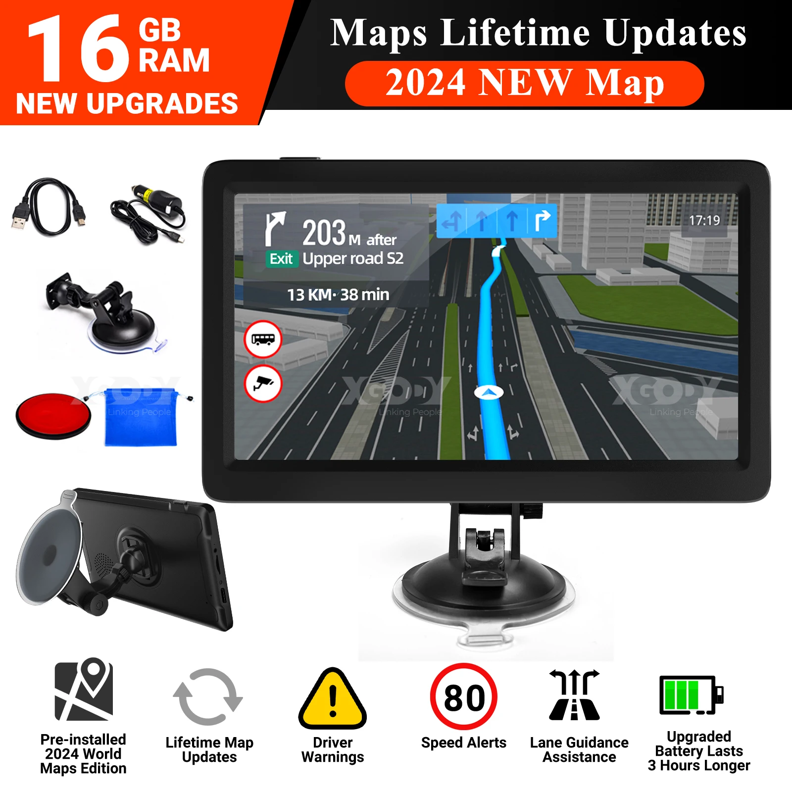 XGODY 9 بوصة 16G سيارة الملاحة التلقائية المملكة المتحدة/الاتحاد الأوروبي خريطة لمس للشاحنات والسيارات والحافلات ونظام تحديد المواقع والملاحة POI