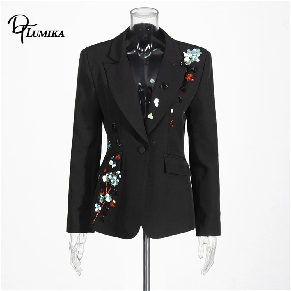 سترة DTLumika سوداء للنساء، سترة بدلة مطرزة بالترتر الزهري، ملابس خارجية رسمية/غير رسمية بقصة ضيقة #3