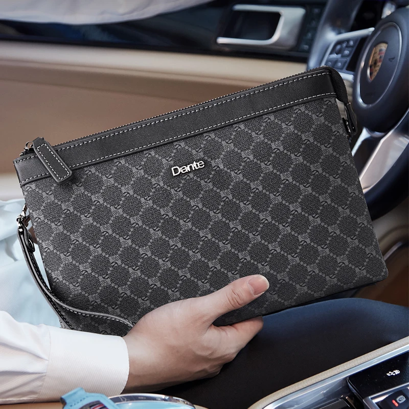 

DanteFashion Famous Brand Designer Men Bag Fashion Plaid Leather Large Capacity Slim Clutches Male Business iPad Phone Wrist Bag