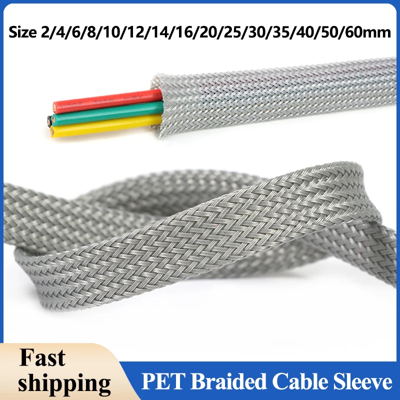 

Grey PET Braided Cable Sleeve 2/4/6/8/10/12/14/16/20/25/30~60mm Expandable High Density Insulated Cables Protection Wrap Sheath