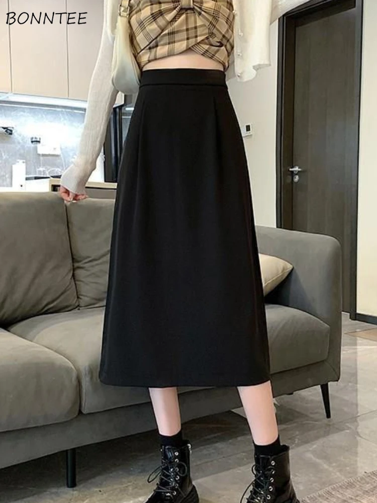 Midi Skirts Women A-line Solid Cleanfit High Waist Baggy Casual Korean Fashion Preppy Temper Spring Autumn All-match Daily Ins