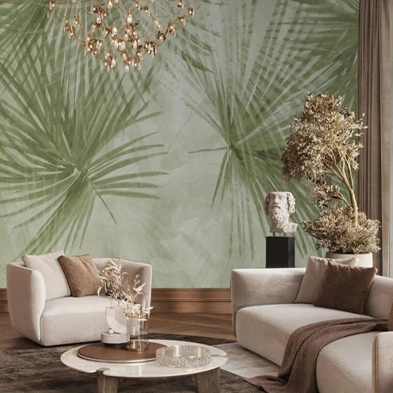 

Original Green Feathers Brushing Leaves Clear and Elegant TV bedroom home decoration background wall