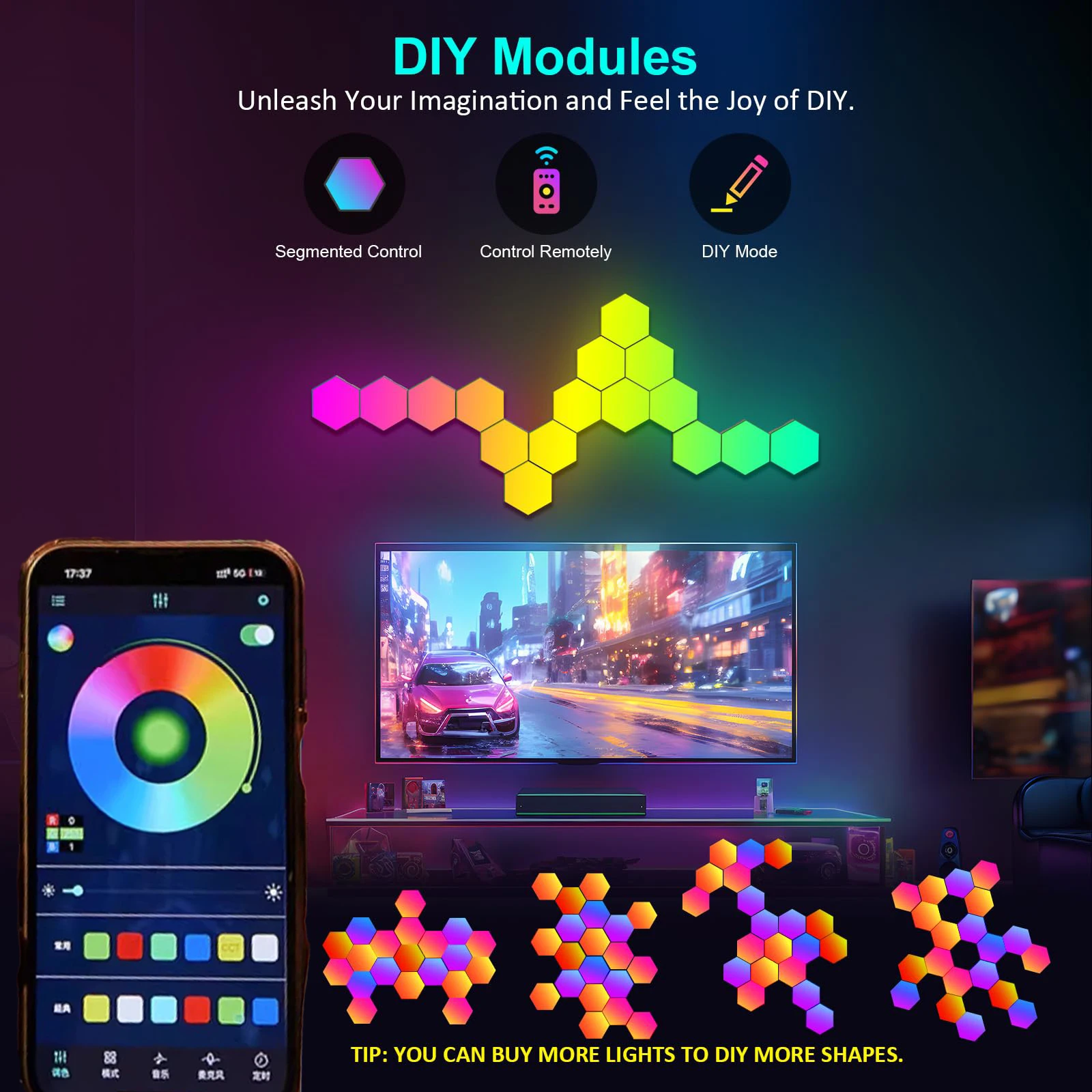 Hexagon Wall Lights, Smart LED Light Panels with App & Remote, DIY Room Decor for Autism, Game Room Decor, Party, Gifts, 12 Pack
