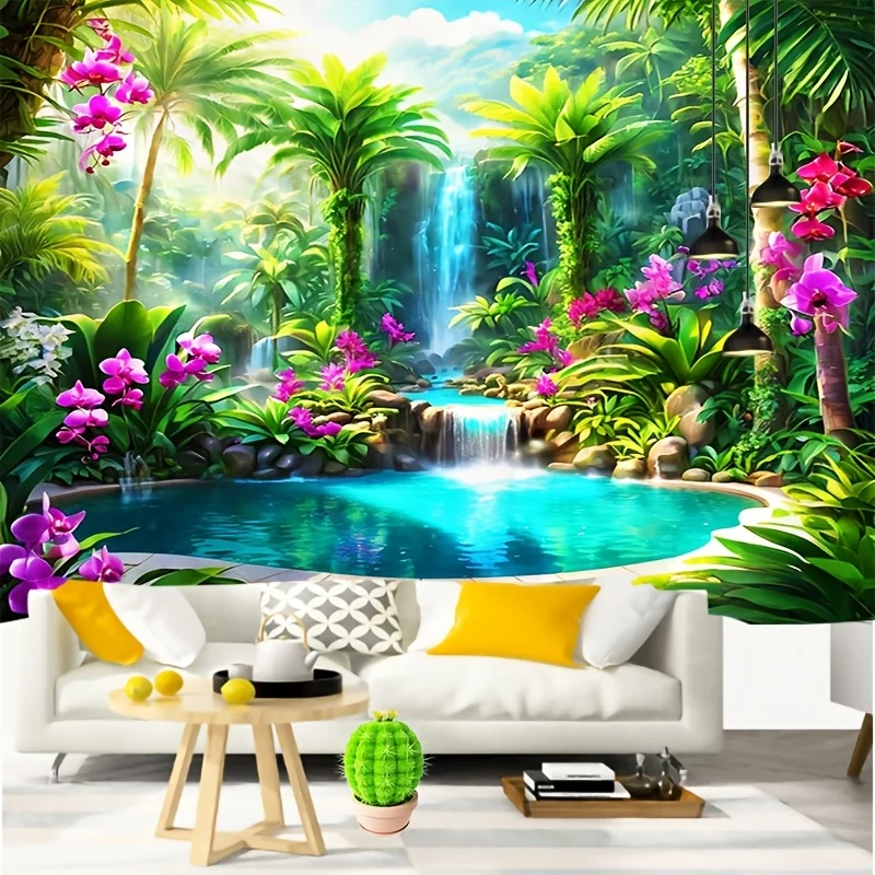 [Floral Tapestry Art] 1pc Large Floral Landscape Tapestry Wall Art - Tropical Forest Waterfall with Orchids & Palm Trees,