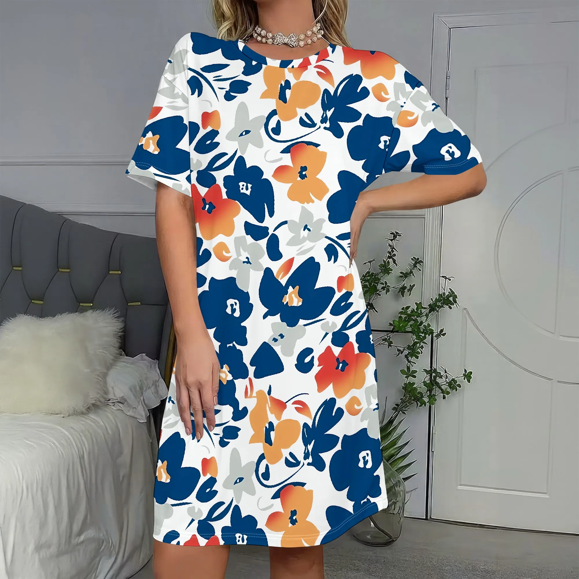 

Floral Print, Short Sleeve Dress, Blue Orange White, Casual Summer Wear, Beach Vacation Outfit, S-2XL