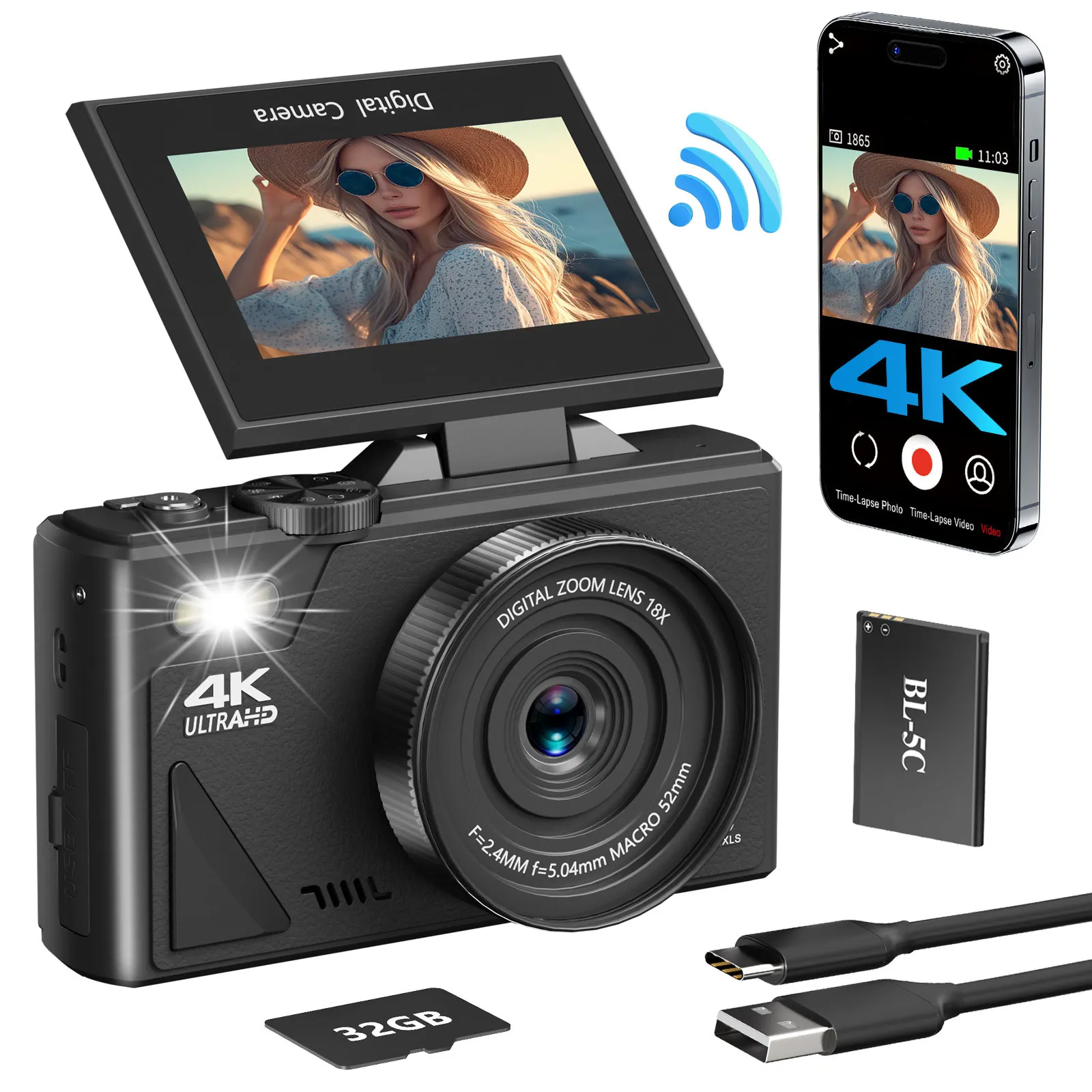 

4K Digital Camera, 64MP Vlogging Camera 18X DigItal Zoom & Autofocus, 3'' 180°Flip Screen, Travel Selfie for YouTube with Flash