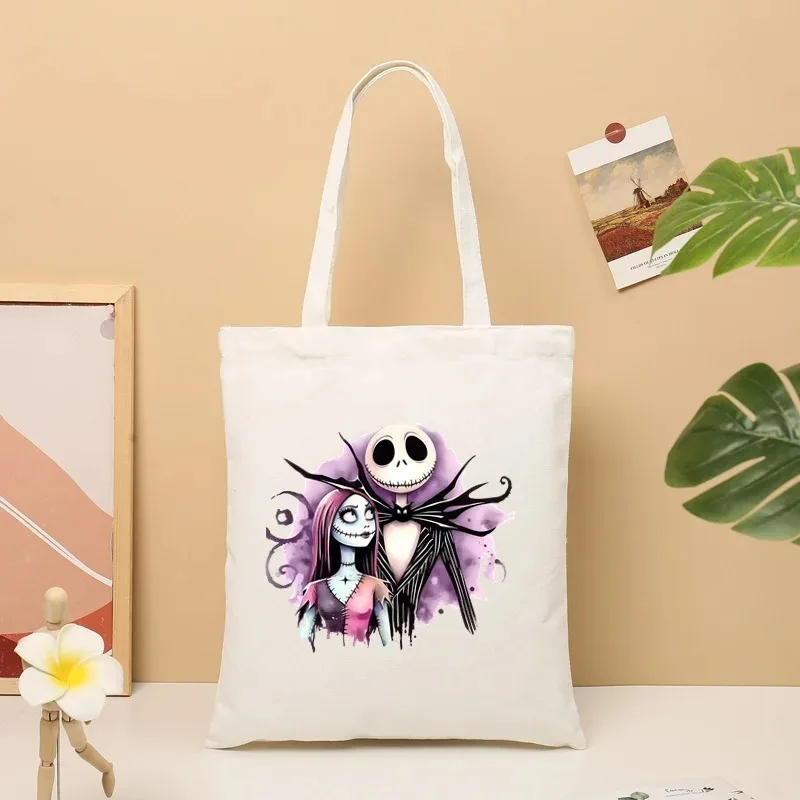 The Nightmare Before Christmas Jack Sally Women Shoulder Tote Bags Canvas Large Capacity Shopping Bag Eco Girl  Female Handbag