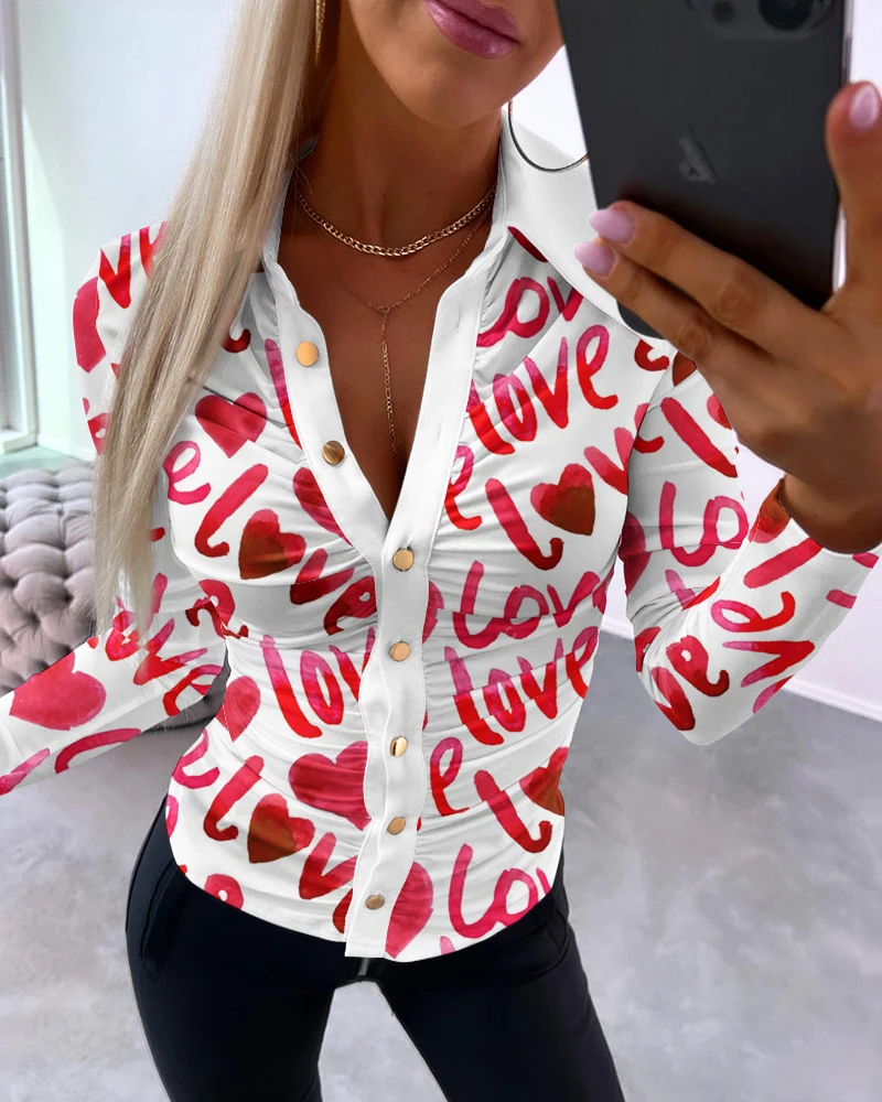 Women's Casual Blouses 2024 Spring Summer Latest Fashion Letter Print Ruched Button Long Sleeve Top Turndown Collar Skinny Shirt