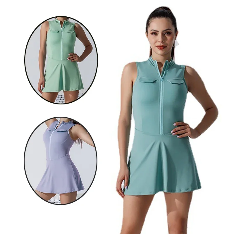 Summer Women's Tennis Dress Fashion 2-in-1 Tennis Golf Sports Dress Ladies Zipper Collar Fitness Workout Skirts with Inner Short