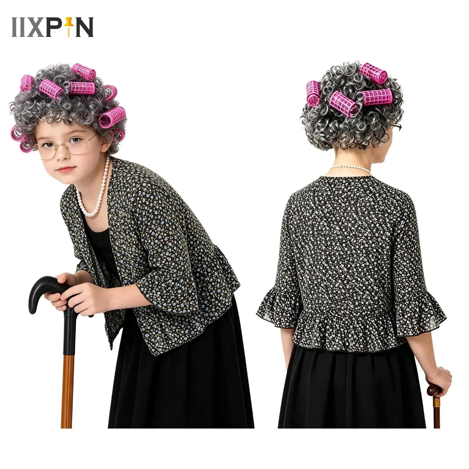 

Girl 100Days of School Grandma Costume Set For Big Girls Old Ruffled Cardigan Top+Accessories Set Carnival Dress Up Fancy Outfit