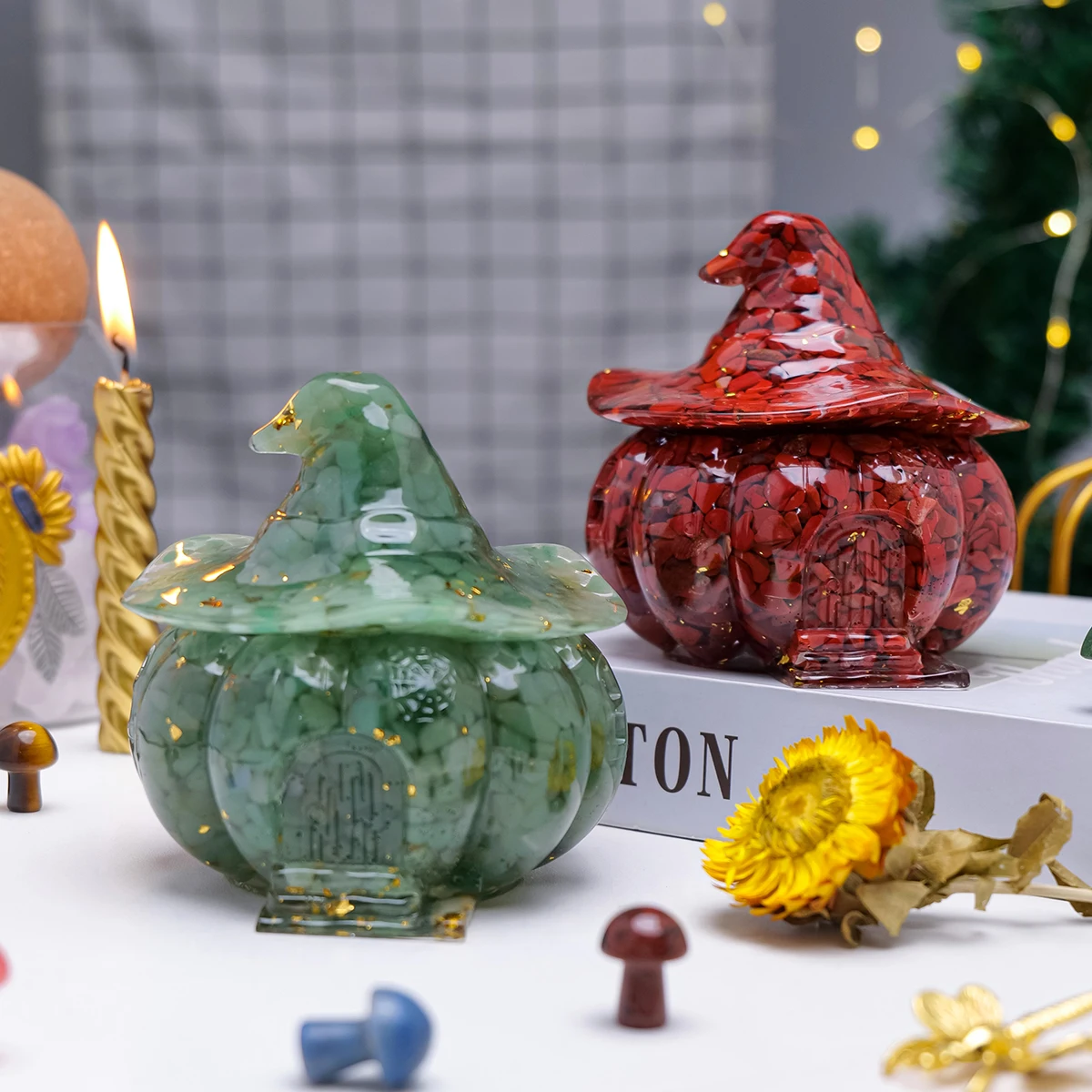 1pc Natural Crystal Gravel Drip Resin Pumpkin Halloween Witch Pumpkin House Storage Box Candy Jar