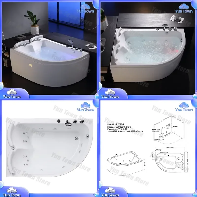 Modern Curved Acrylic Whirlpool Bathtub for Adults 12 Jets Soaking Tub 2-Person Capacity SPA Bath Tub for Outdoor Indoor Use