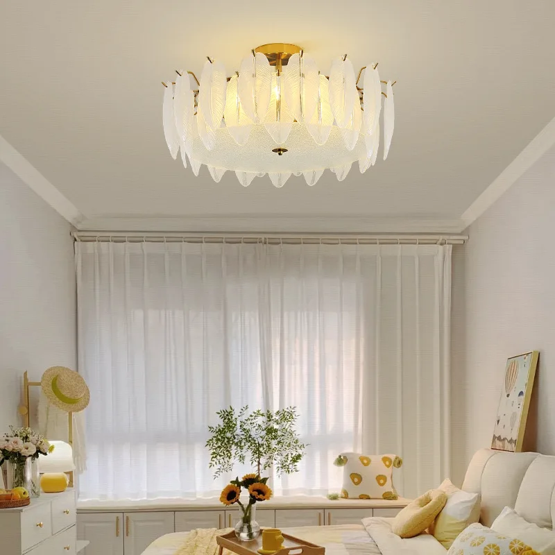 French Romantic Glass Feather LED Ceiling Lamps Modern Luxury Decorative Living Room Bedroom Restaurant Hotel Personality Lights