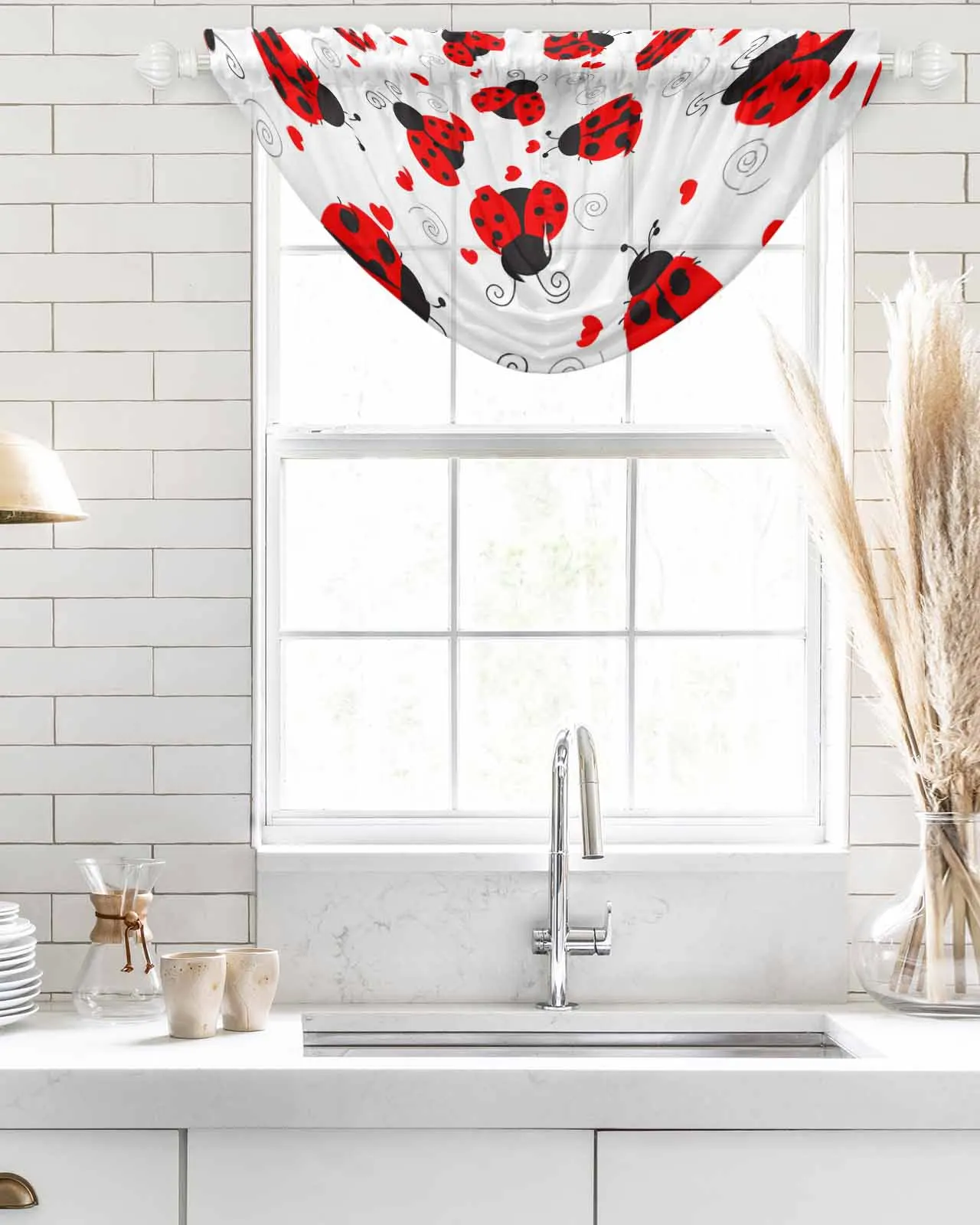 Ladybug Love Heart Dotted Texture Short Tulle Curtains for Living Room Sheer Valance Kitchen Cabinet Cafe Window Drapes